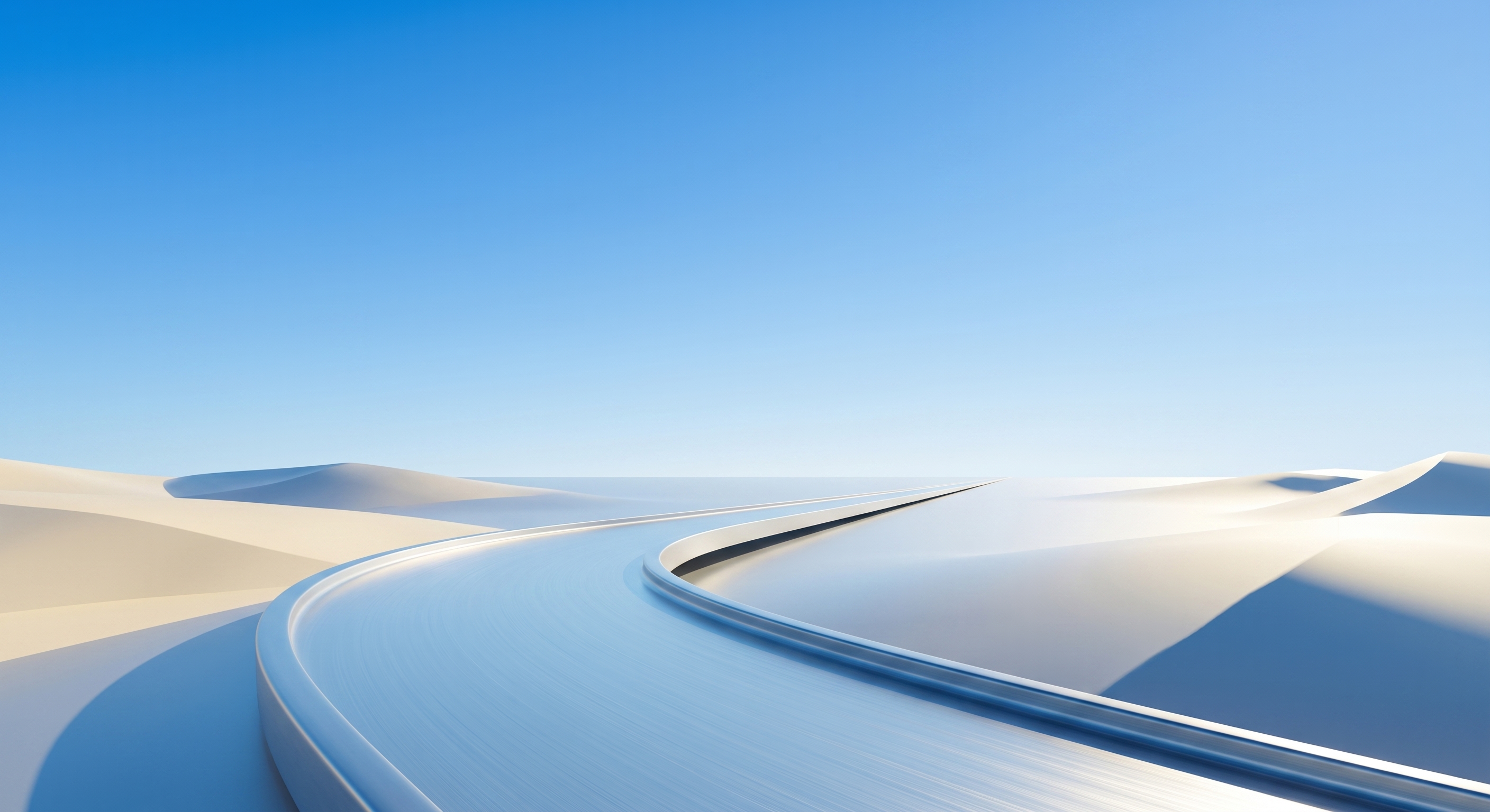 An abstract, smooth road leading toward a bright, clear sunrise horizon